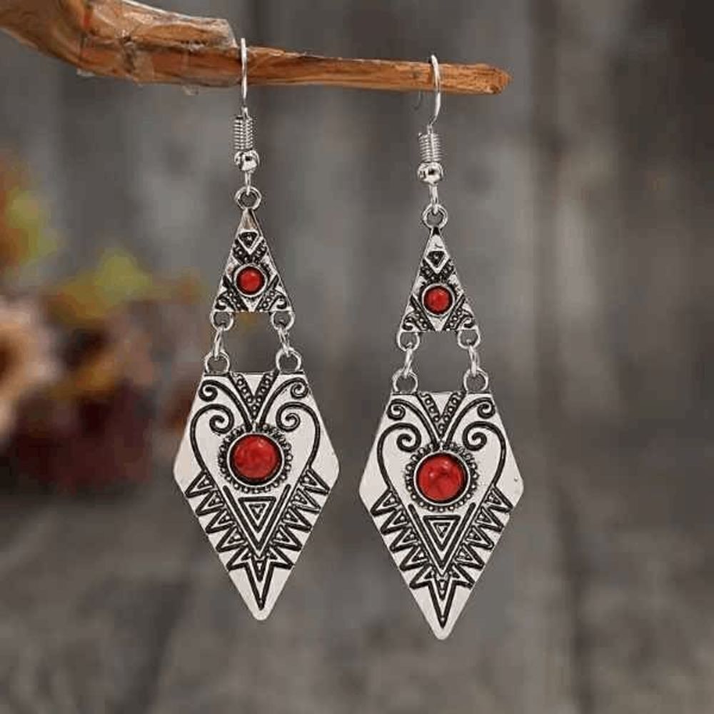 Western Boho Red Turquoise Dangle Earrings